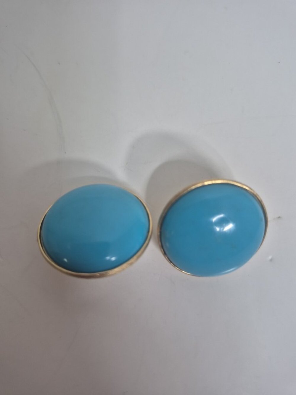 VINTAGE CROWN TRIFARI SIGNED FAUX  TURQUOISE CABOCHON EARRINGS Clip- On